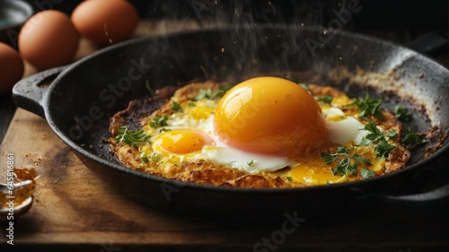 Cracked Egg Oozing Yolk on Hot Pan