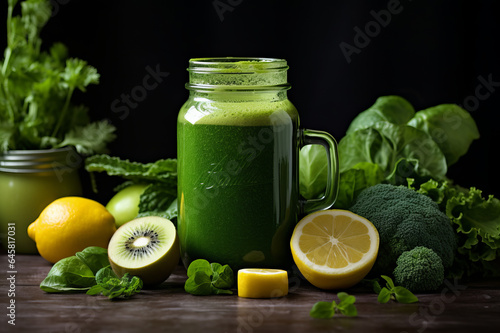 Blended green fruits and vegetables smoothie with ingredients  selective focus.