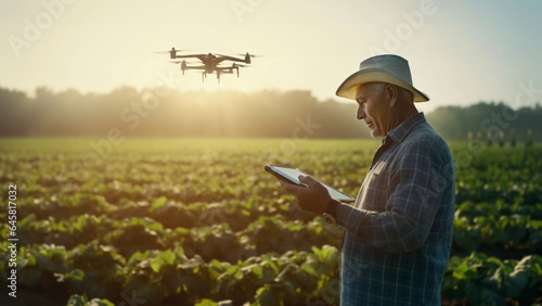 Elderly farmer uses an agricultural drone to survey his field, representing smart agriculture, technological farming, leadership and initiative in adoption to innovative agrarian practices
