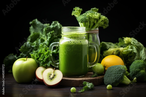 Blended green fruits and vegetables smoothie with ingredients, selective focus.