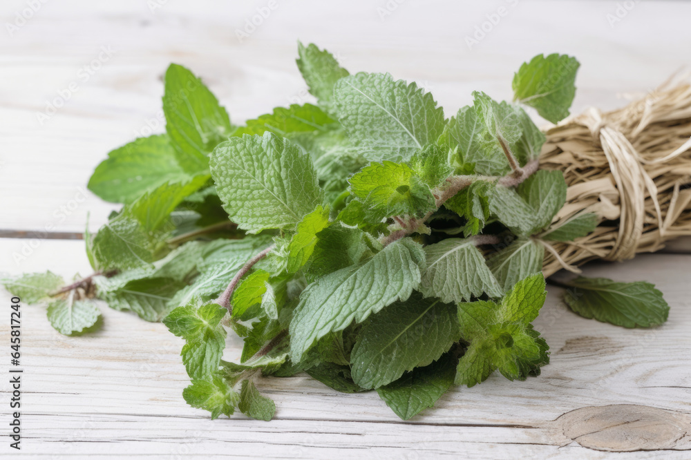 lemon balm herb, Dried medicinal herbs on white wooden background lemon balm herb, Dried medicinal herbs on white wooden background