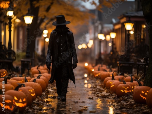 A man in a mysterious black suit and hat walks down the street between pumpkins on Halloween