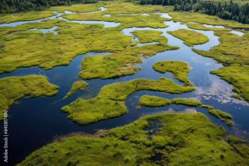 Enchanting Aerial Portrait: Flourishing Wetland Haven, Serene Waterways, and Abundant Wildlife Embrace Vibrant Ecosystem's Natural Beauty