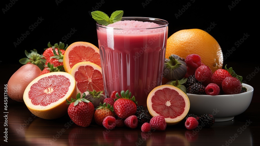 Glass of strawberry juice and sliced fruit isolated on darker background Glass of strawberry juice and sliced fruit isolated on darker background
