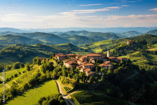 Enchanting Aerial Portrait  Serene Countryside Village Amidst Rolling Hills  Charming Streets  and Historic Architecture