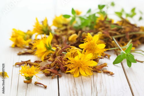 St.John's Wort Dried Medicinal Herbs on white wooden background photo