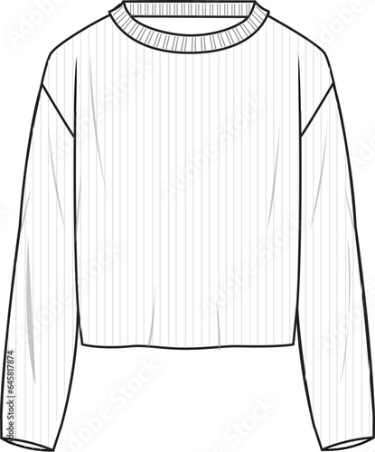 Women's Basic Rib Jumper- Technical fashion illustration. Front, white color. Unisex CAD mock-up.