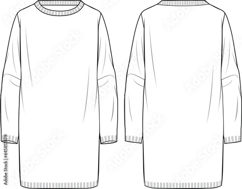 Women's Crew Neck Tunic. Tunic technical fashion illustration. Front and back, white color. Women's CAD mock-up.