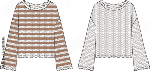 Women's Striped Crochet Jumper and Solid Crochet Jumper- Jumper technical fashion illustration. Flat apparel top template front, colored and white color. Women's CAD mock-up.