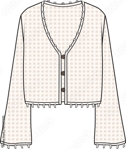 Women's Crochet Button-up Cardigan. Technical fashion illustration. Front, ecru color. Women's CAD mock-up.