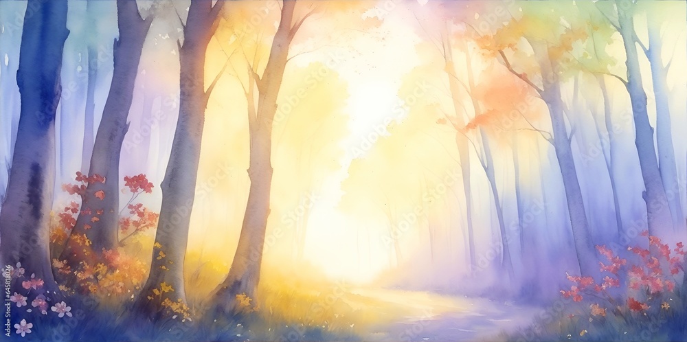 Fototapeta premium Beautiful morning in the forest. Watercolor landscape. AI generated illustration