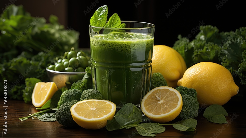 green juice in a glass cup with green juice in a blender, on the kitchen table green juice in a glass cup with green juice in a blender, on the kitchen table