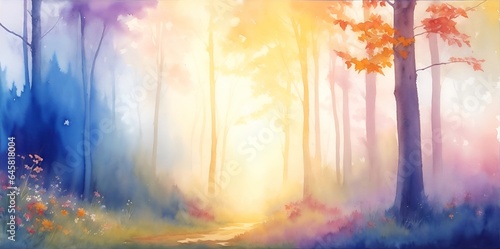 Beautiful morning in the forest. Watercolor landscape. AI generated illustration