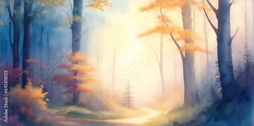 Beautiful morning in the forest. Watercolor landscape. AI generated illustration