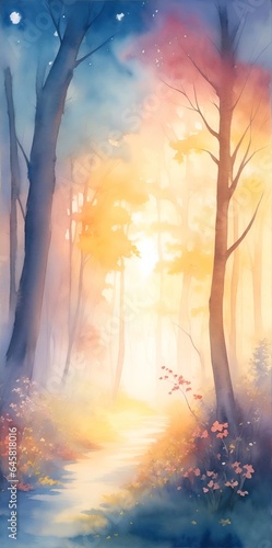 Beautiful morning in the forest. Watercolor landscape. AI generated illustration