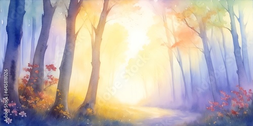 Beautiful morning in the forest. Watercolor landscape. AI generated illustration © vector_master