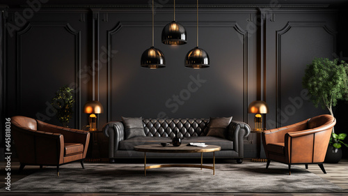 modern interior design of living room with black and white sofa and wooden floor. 3 d illustration © Vahagn