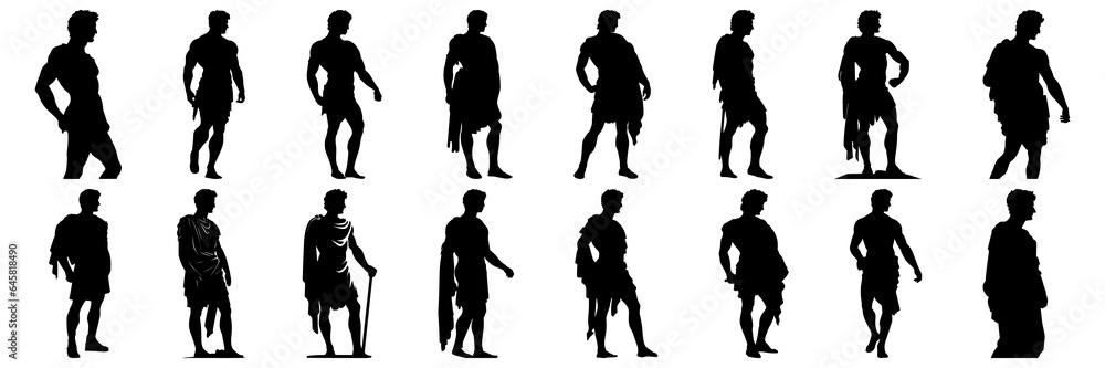 Roman spartan man silhouettes set, large pack of vector silhouette design, isolated white background