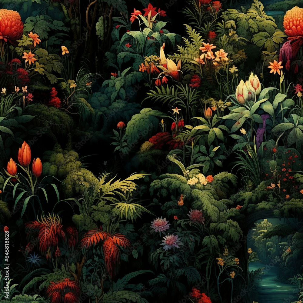 Obraz premium Vintage illustration of flowers in the garden, seamless pattern