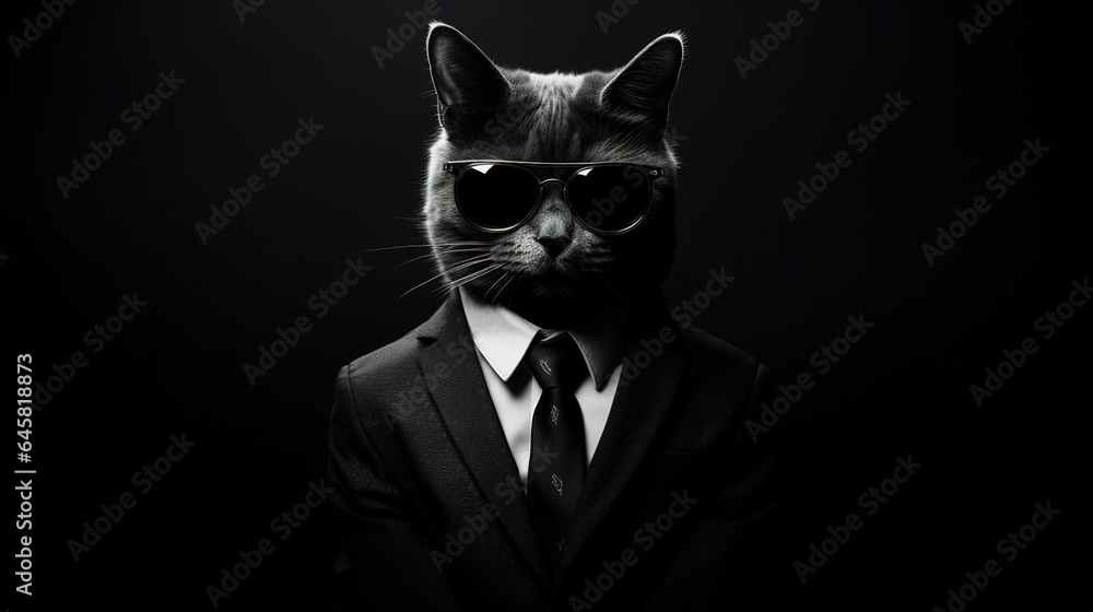 Fototapeta Cool looking black cat wearing suit, tie and sunglasses isolated on dark background. Businessman, boss, mafia, bodyguard. Digital illustration generative AI.
