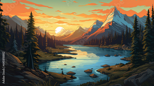 Scenic view of glacier National Park during sunrise in landscape comic style. Giant cactus. Digital illustration generative AI.