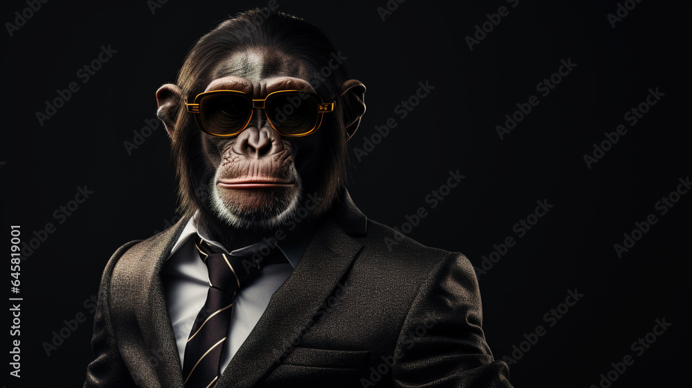 Cool looking chimpanzee wearing suit, tie and sunglasses isolated on dark background. Businessman, boss, mafia, bodyguard. Digital illustration generative AI. Cool looking chimpanzee wearing suit, tie and sunglasses isolated on dark background. Businessman, boss, mafia, bodyguard. Digital illustration generative AI.