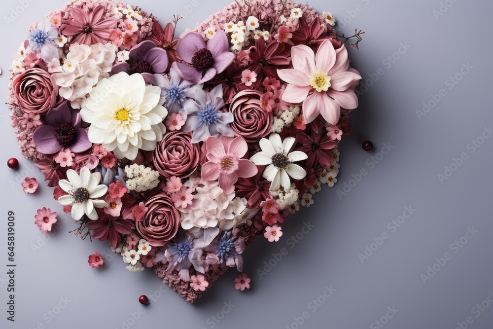 Flowers in heart shape with copy space for valentines womens mothers day
