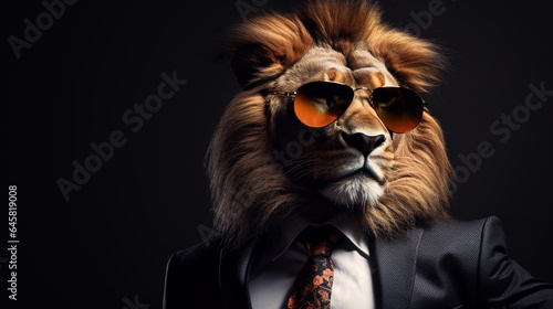 Cool looking lion wearing suit, tie and sunglasses isolated on dark background. Businessman, boss, mafia, bodyguard. Digital illustration generative AI.