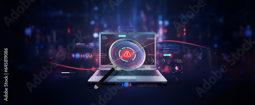 infographic charts analysis of corporate laptop antivirus or phishing malware attach detection and cleanup software or finding and searching database files on screen with magnifier lens as wide banner photo