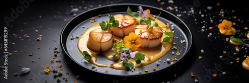 fine dining chef preparing Grilled scallops recipe in creamy butter lemon or Cajun spicy dripping sauce with herbs and garnish as wide banner poster on black background with copy space area
