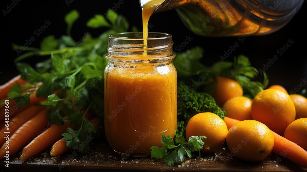 hand pouring healthy carrot smoothie from blender jar into glass on wooden table hand pouring healthy carrot smoothie from blender jar into glass on wooden table