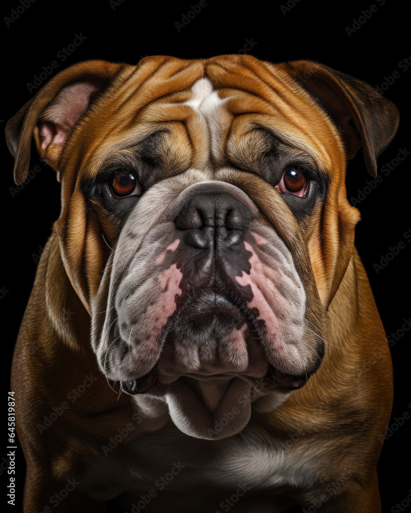 Serious little bulldog with yellow eyes on a black background