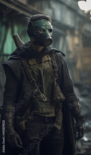 Soldier in an old trenchcoat and gas mask walks through a post-apocalyptic world © Umar
