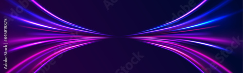 Red blue motion police line, horizontal light rays panoramic high speed technology concept, light abstract background. Light arc in neon colors, in the form of a turn and a zigzag. 