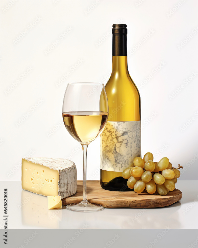 Photorealistic image of a white wine bottle, glasses, grapes and cheese on a white background