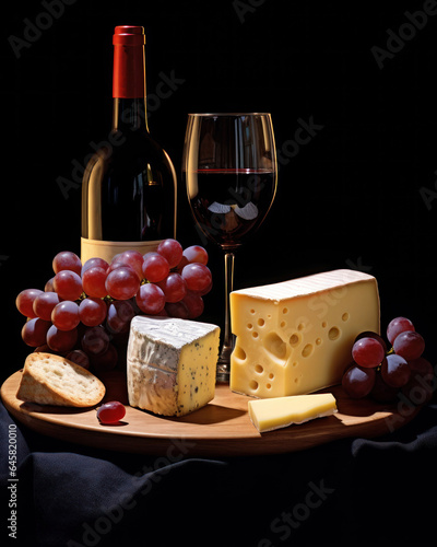 Photorealistic image of a still life of a bottle of wine, cheese, grapes and bread photo