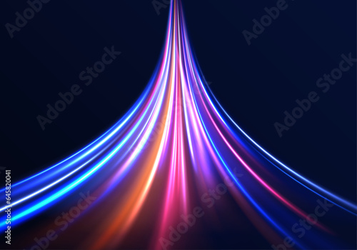 Abstract background rotational border lines. Futuristic dynamic motion technology. High-speed light trails effect. Red blue motion police line, horizontal light rays. 
