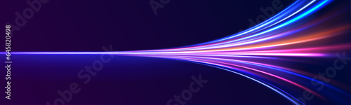 Neon stripes in the form of drill, turns and swirl.  Illustration of high speed concept. Motion light effect for banners. The effect of speed on a blue background.	