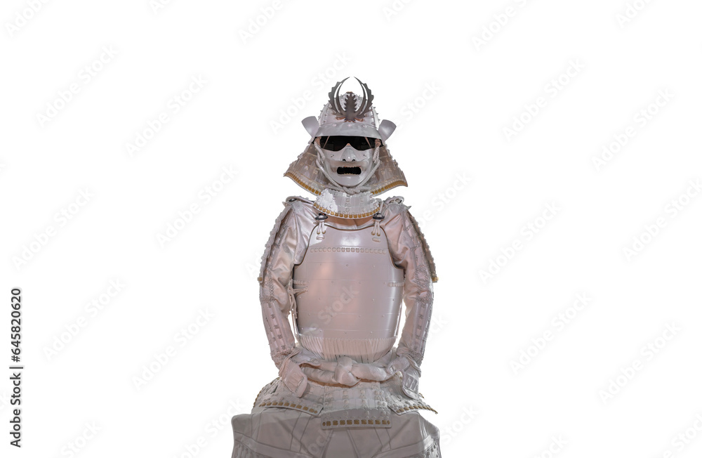 Isolated cutout of a seated Japanese kachuu armor painted white with a Kabuto helmet and yoroi body armor on a transparent background. Isolated cutout of a seated Japanese kachuu armor painted white with a Kabuto helmet and yoroi body armor on a transparent background.