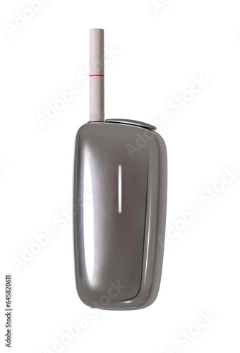 Isolated clipping on a white background of a paper e-cigarette inserted into an electronic tobacco device with a shimmering aluminum shell equipped with a light signal to deliver inhaled nicotine. photo