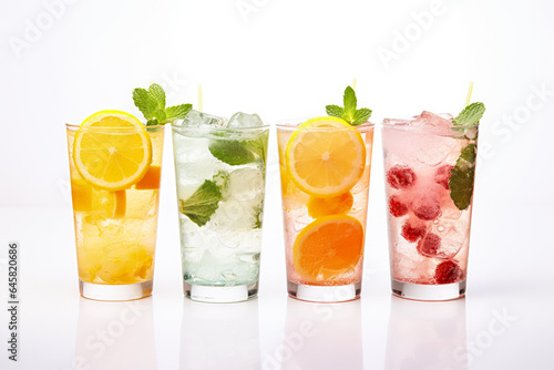 Assorted drinks or cocktails in glasses with ice, decorated with fruits and mint leaves. Generative AI