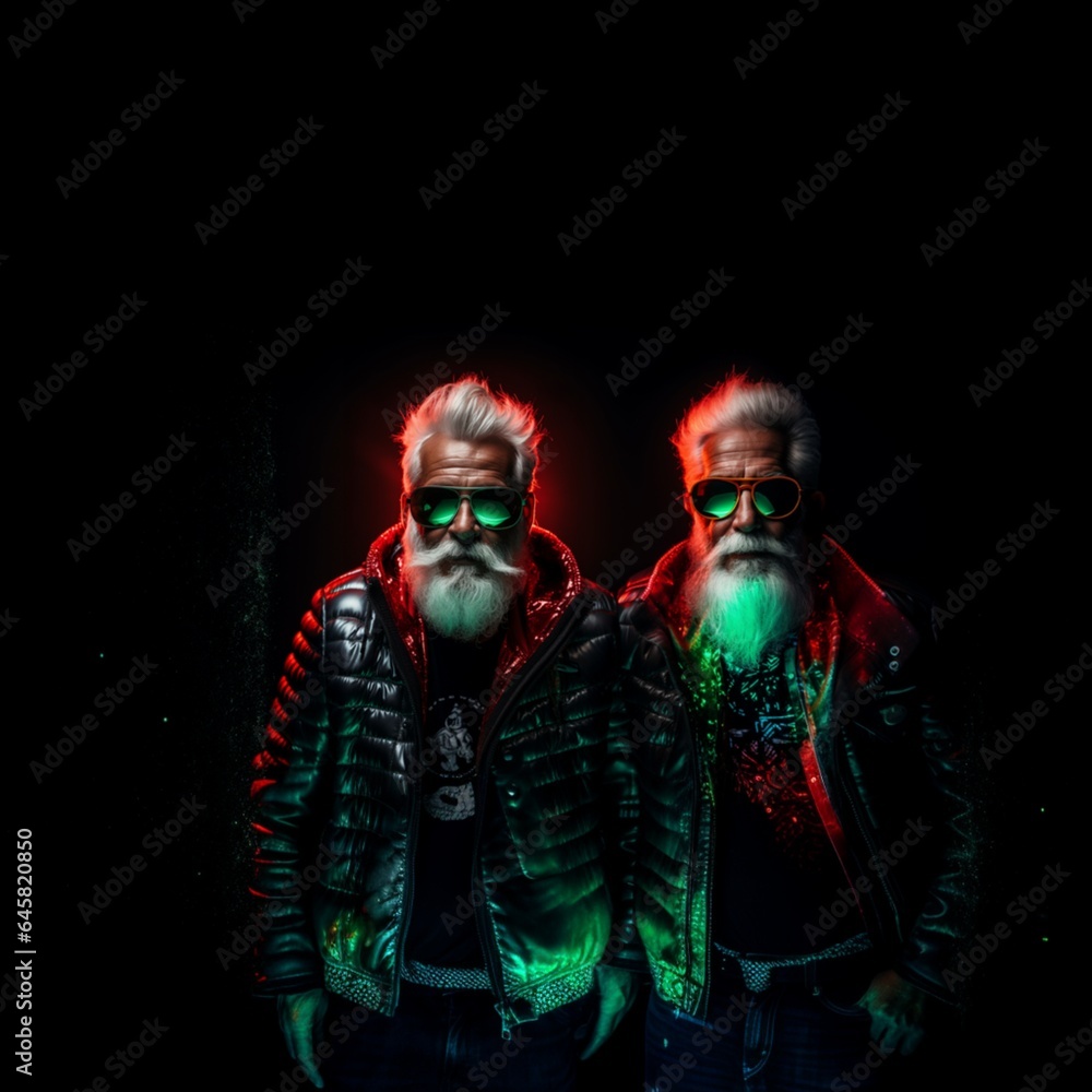casual Santa Clauses in black leather jackets, wearing big dark sunglasses with neon lightning. Season greetings concept. Generative AI casual Santa Clauses in black leather jackets, wearing big dark sunglasses with neon lightning. Season greetings concept. Generative AI