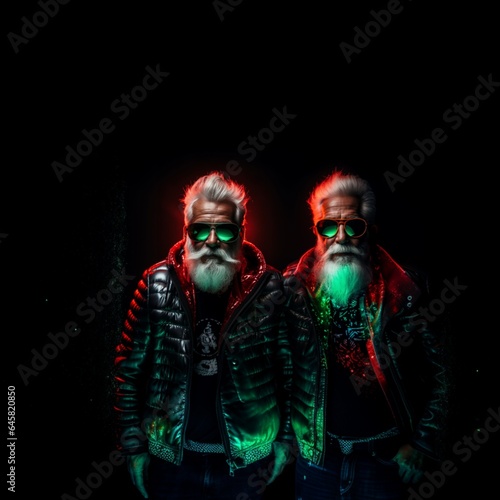 casual Santa Clauses in black leather jackets  wearing big dark sunglasses with neon lightning. Season greetings concept. Generative AI