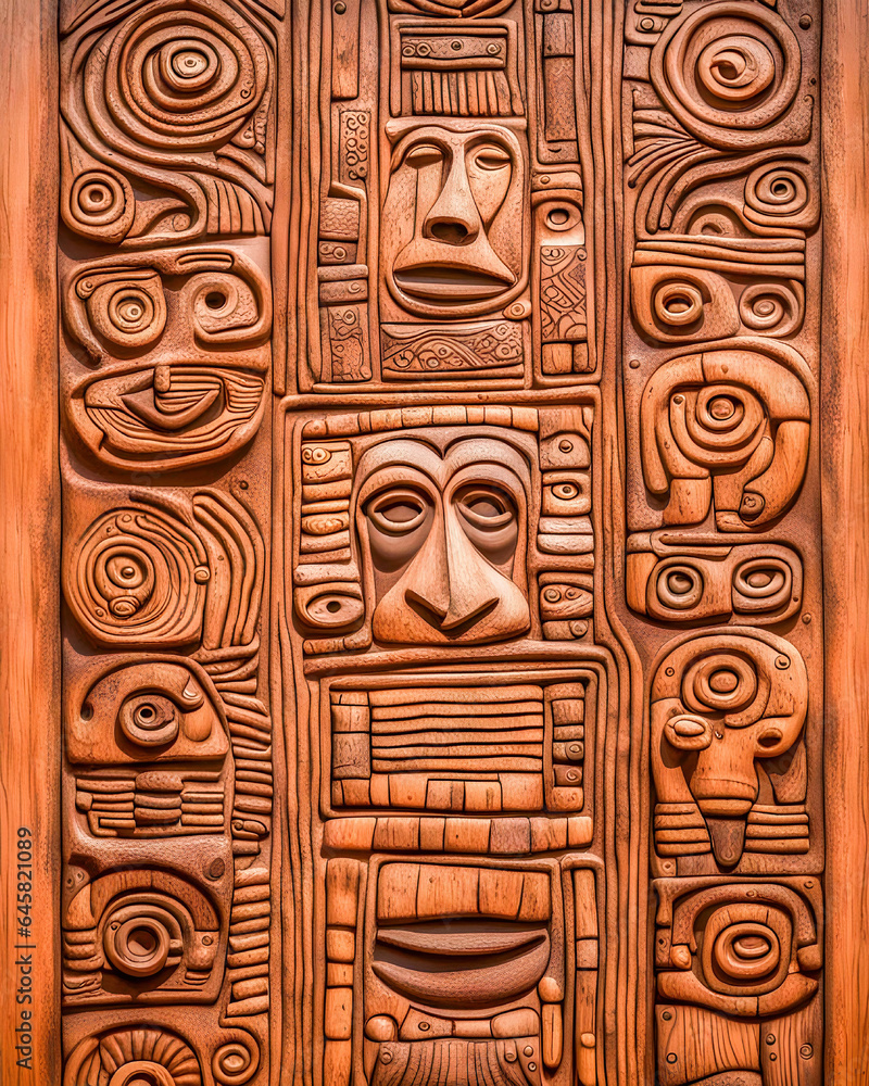 Totem plate with carved, ethnic motifs Totem plate with carved, ethnic motifs