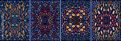 Vector set of luxury floral patterns, invitation cards, banners with doodles floral with roses, leaves, floral bouquets, flower compositions. Notebook covers design. Package for perfume, jewelry