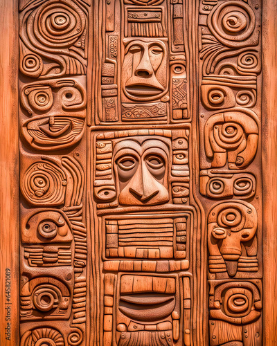 Totem plate with carved, ethnic motifs