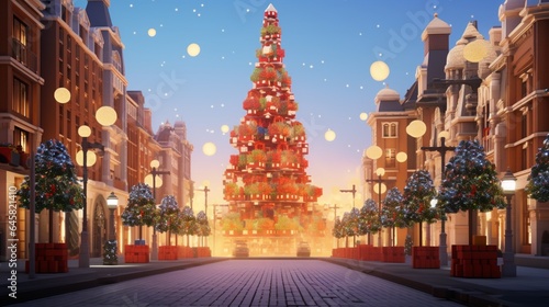 a breathtaking view of a city square with a towering Christmas tree and sparkling decorations.