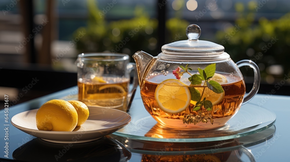 Hot Tea in a glass teapot with a glass Cup on a terrace table in the background with a view of the courtyard Hot Tea in a glass teapot with a glass Cup on a terrace table in the background with a view of the courtyard