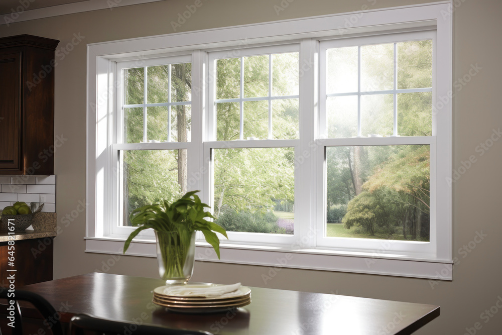 Single Hung PVC Window in the Kitchen or Dining Room Interior Single Hung PVC Window in the Kitchen or Dining Room Interior