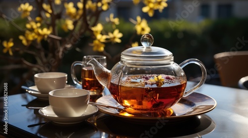 Hot Tea in a glass teapot with a glass Cup on a terrace table in the background with a view of the courtyard